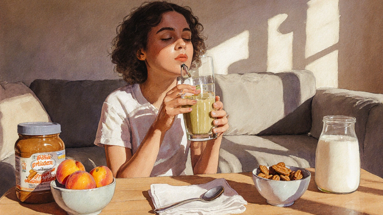 Osoba pije smoothie v klidném prostředí, kolem ní jsou zdravé doplňky jako oříškové máslo a kefír.