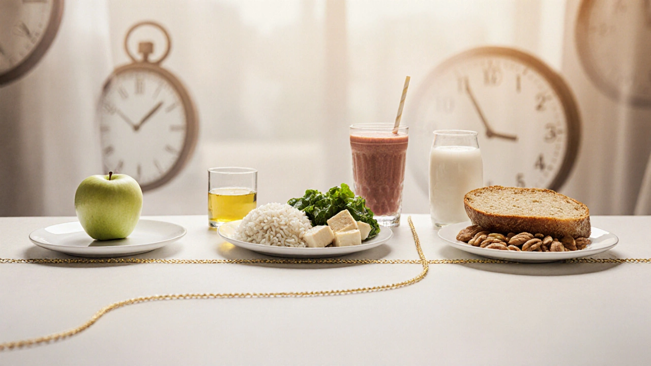 Tři fáze jídelníčku od prázdného talíře k plnému jídlu, spojené zlatou čarou symbolizující pravidelnost.