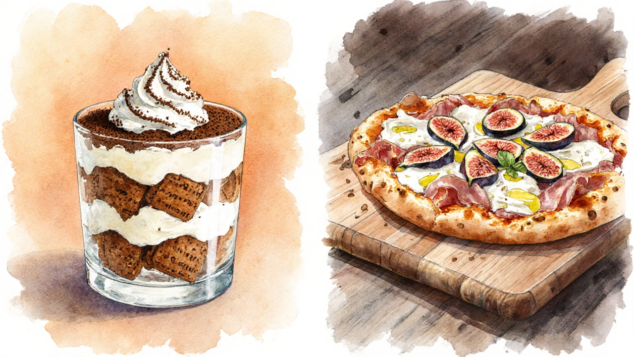 Akvarel: levá polovina tiramisu s mascarpone, pravá pizza s mascarpone, fíky a prosciuttem.