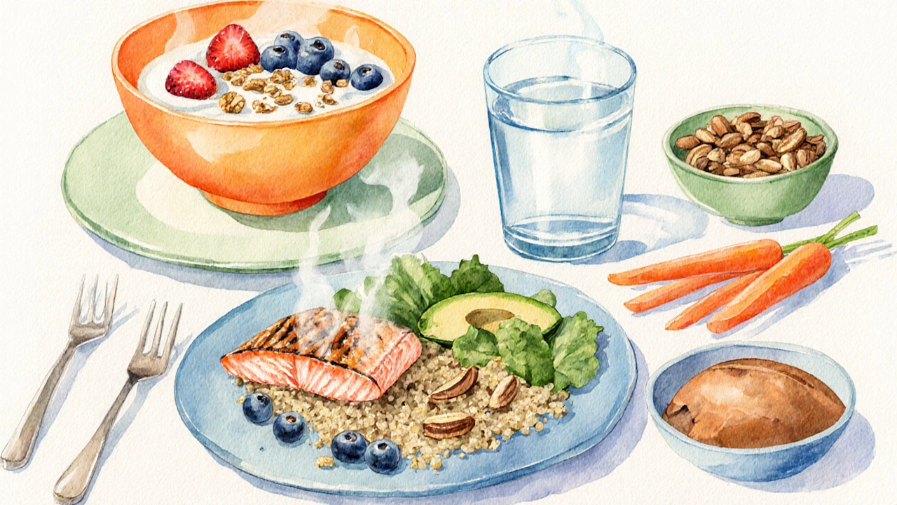 Barevná kompozice denního jídelníčku s vyváženými makroživinami a vodou.