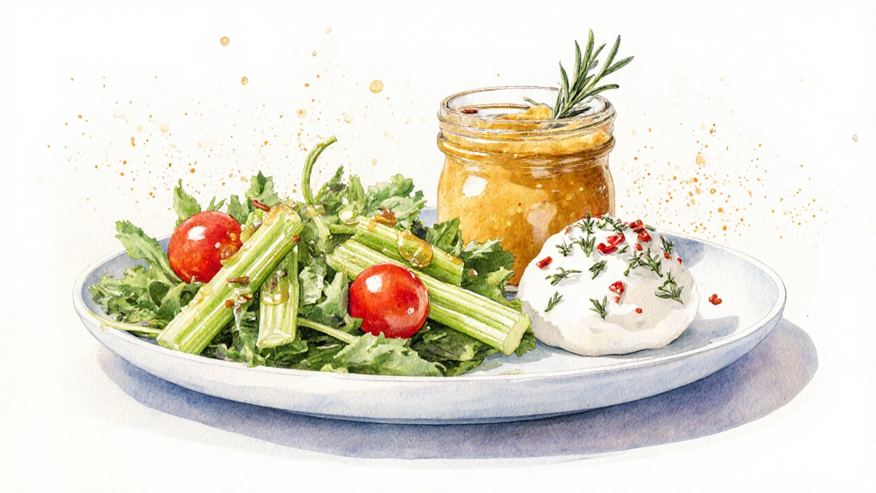 Barevný salát, pálivá hořčice a jogurt s bylinkami vedle bramboráků na talíři.