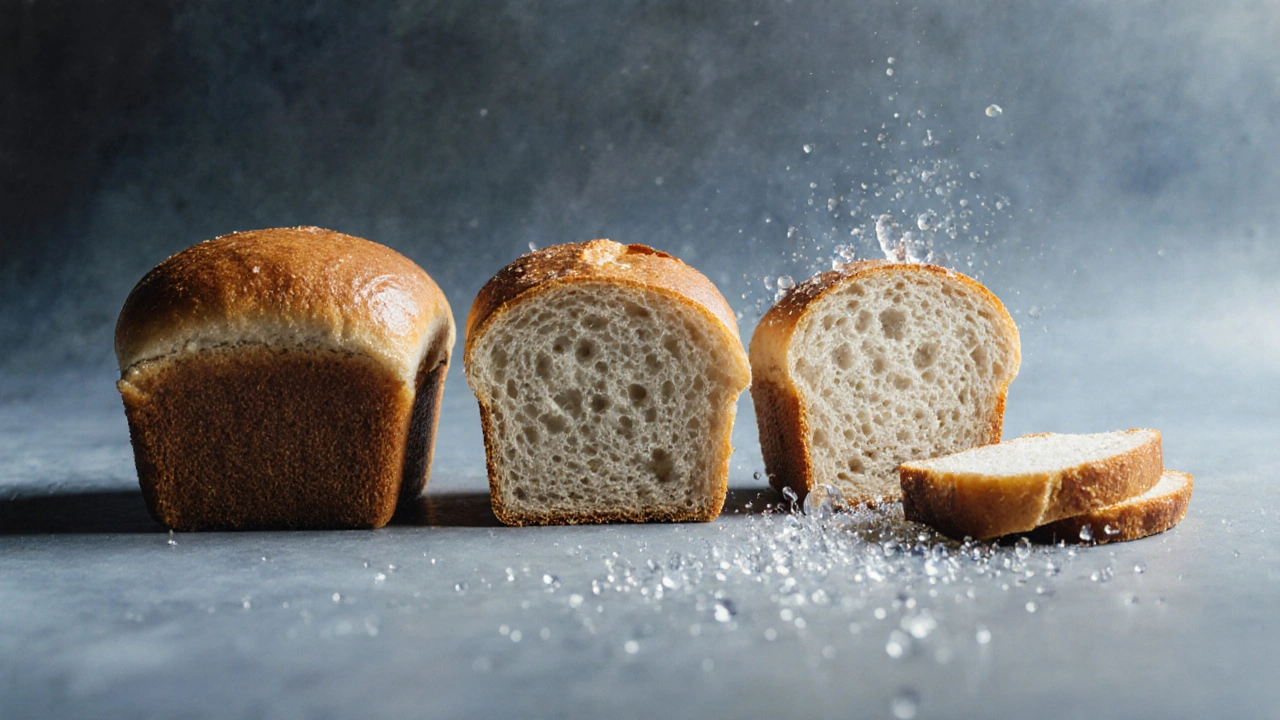 Chronologický vývoj chleba od čerstvého po ztvrdlý s viditelnými krystaly škrobu.