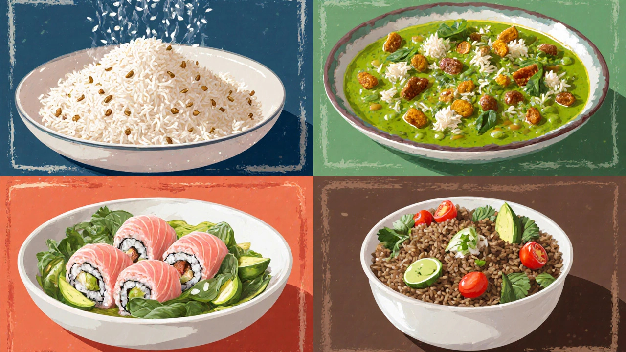 Čtyři částí – basmati s indickým pilafem, jasmínová rýže s thajským kari, sushi z krátkozrnné rýže, hnědá rýže v zeleninovém salátu.