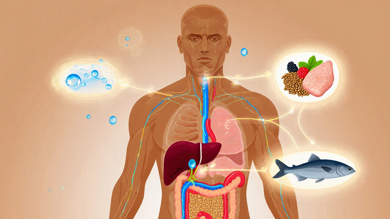 Human body with glowing metabolic pathways activated by water, fiber, and protein.
