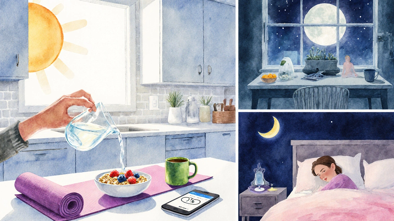 Ilustrace denní rutiny: hydratace, jídlo, protahování, čaj, spánek.