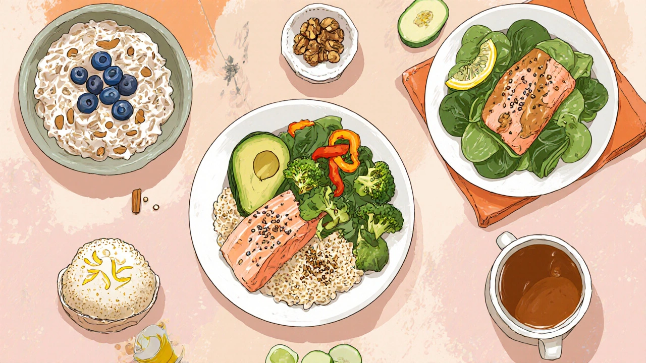 Ilustrace týdenního jídelníčku: ovesná kaše, kuřecí salát, jogurt s ořechy, losos s brokolicí a quinoa, bylinný čaj.