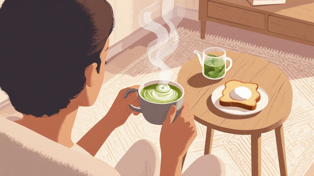 Klidná scéna s šálkem matcha latte a lehkým snackem po jídle.