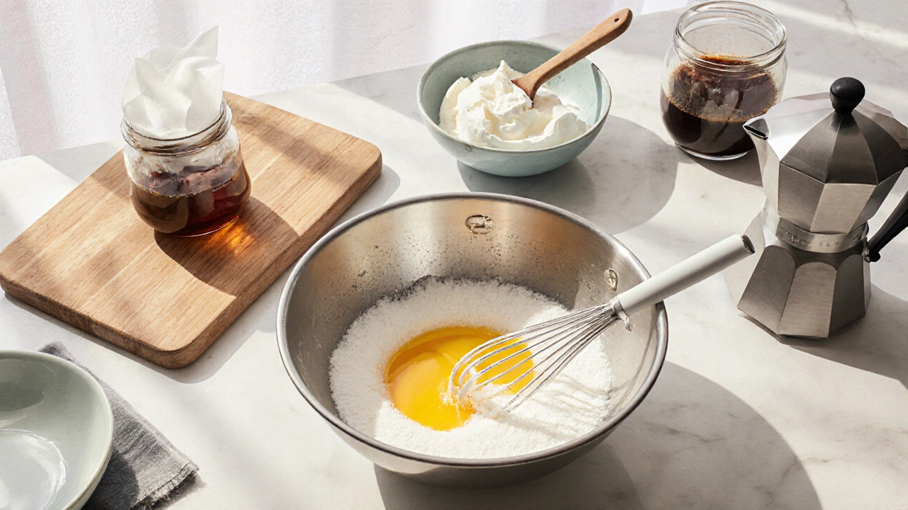 Kuchyňský pohled na šlehání žloutků, mascarpone a bílků při přípravě tiramisu.