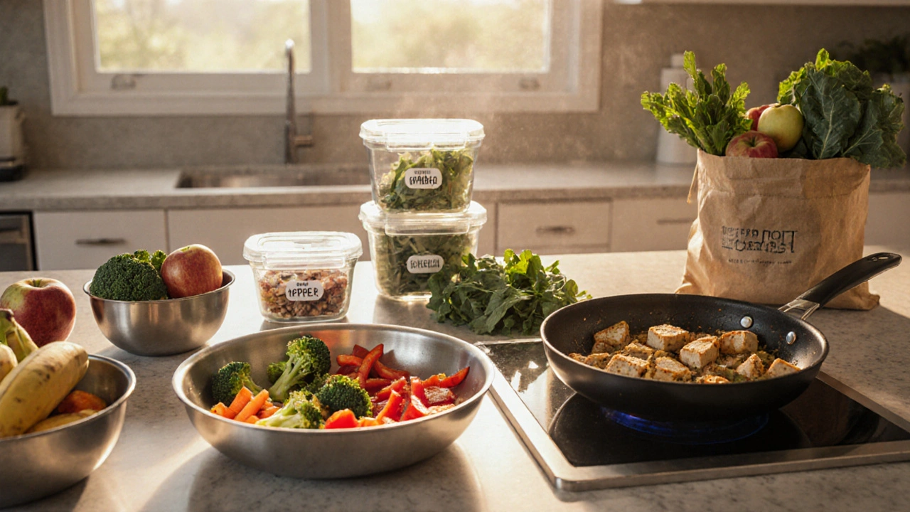Kuchyňský pult s připravenou zeleninou, tofu stir-fry a uspořádanými krabičkami na týdenní jídla.