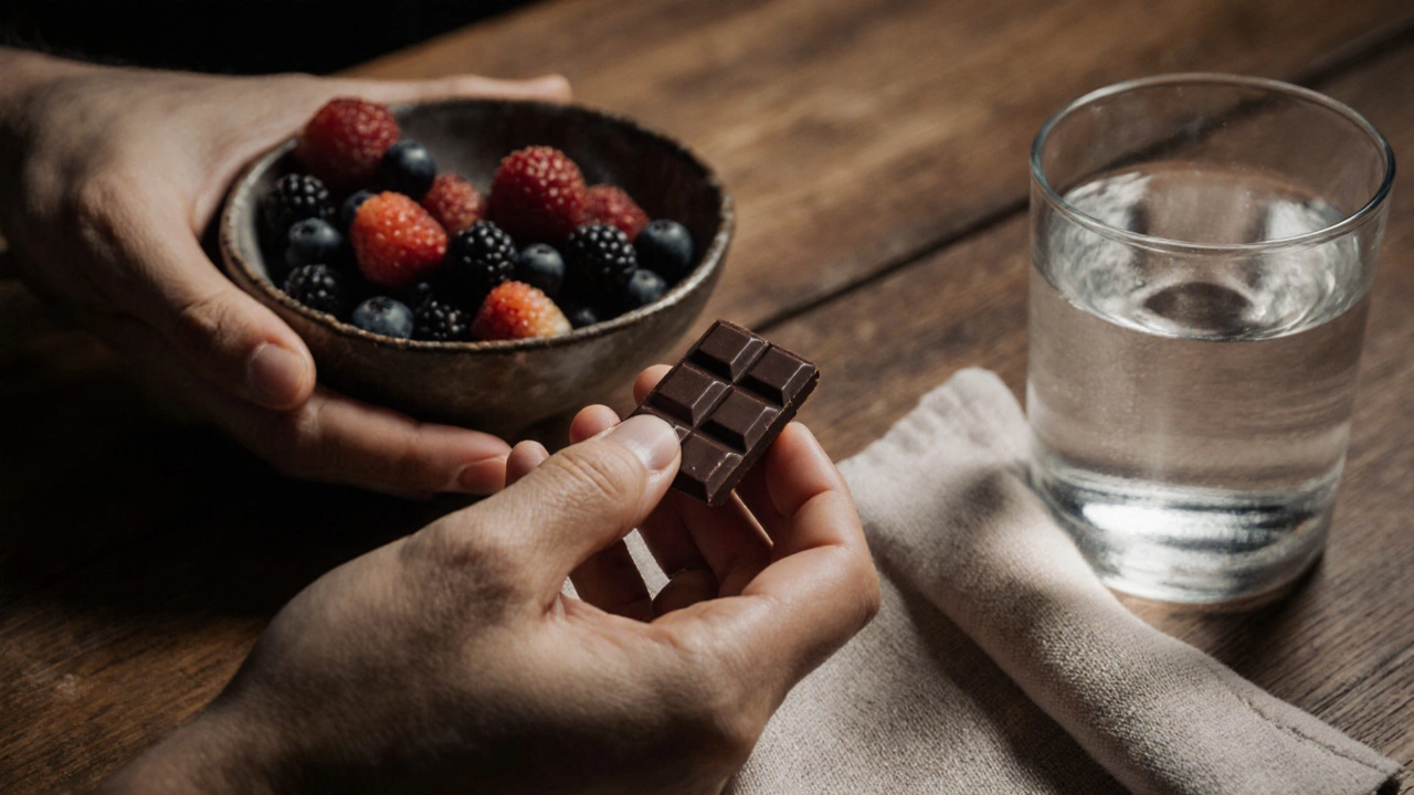 Malý kousek tmavé čokolády a bobule vedle sklenice vody – vědomé potěšení.