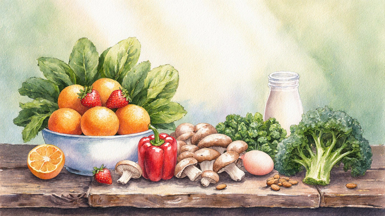 Miska plná vitamínů a minerálů: pomeranče, houby, špenát, brokolice a ořechy.