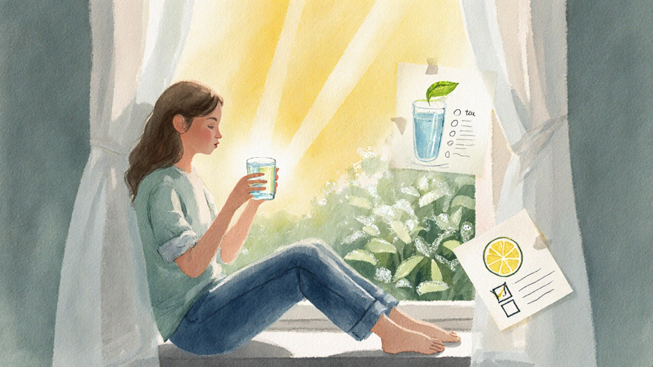 Osoba u okna s citronovou vodou, zářící energií a klidem.