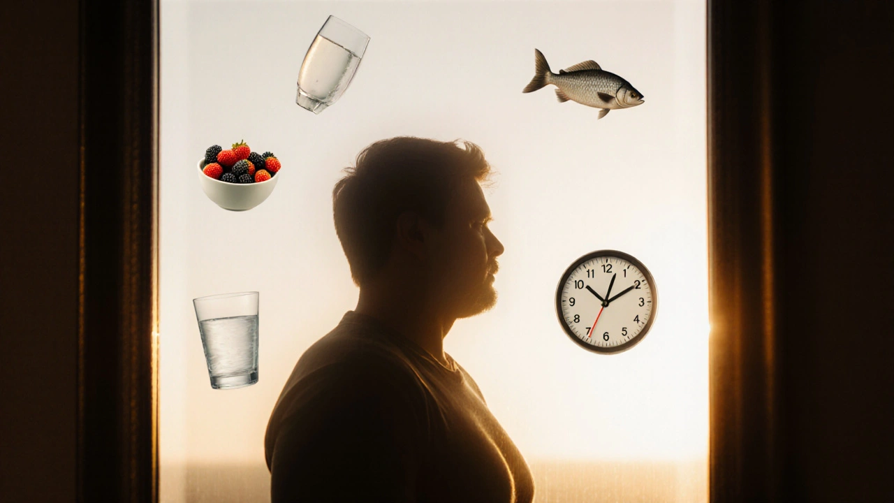 Person seeing their body transform in a mirror with health symbols around them.