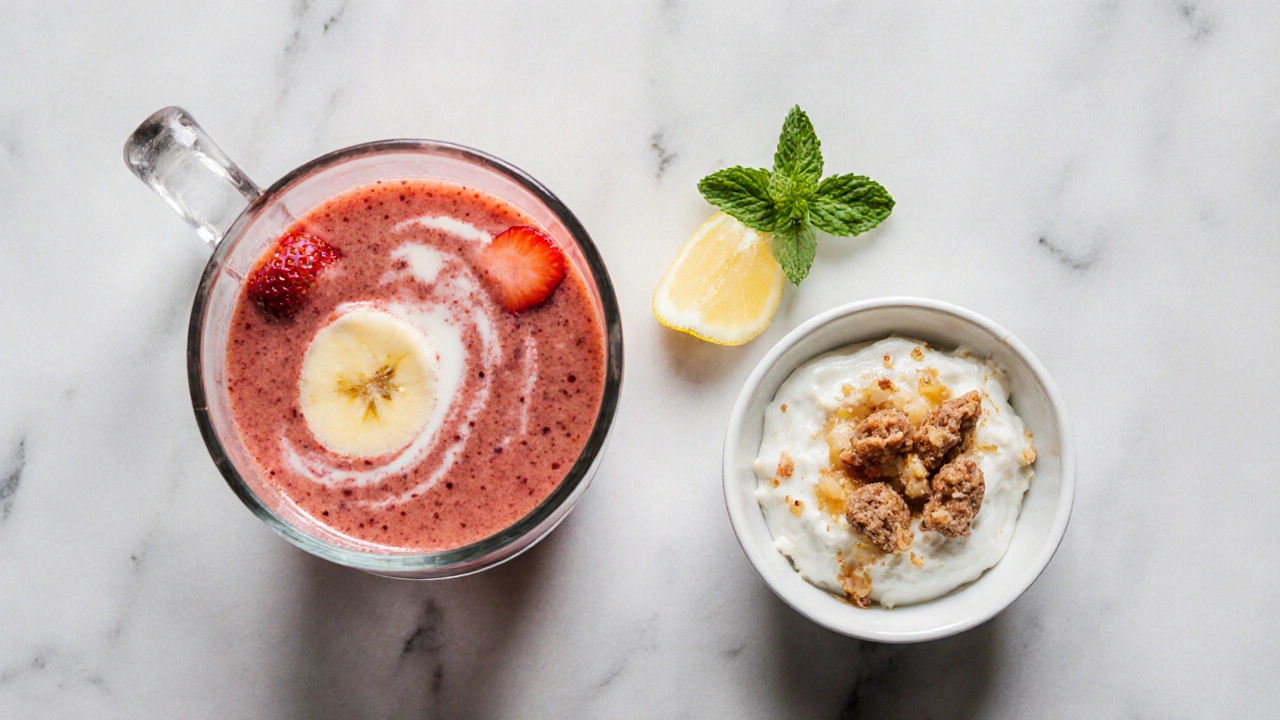 Pohled shora na sklenici ovocného smoothie s mascarpone a misku s mascarpone, medem a vlašskými ořechy.