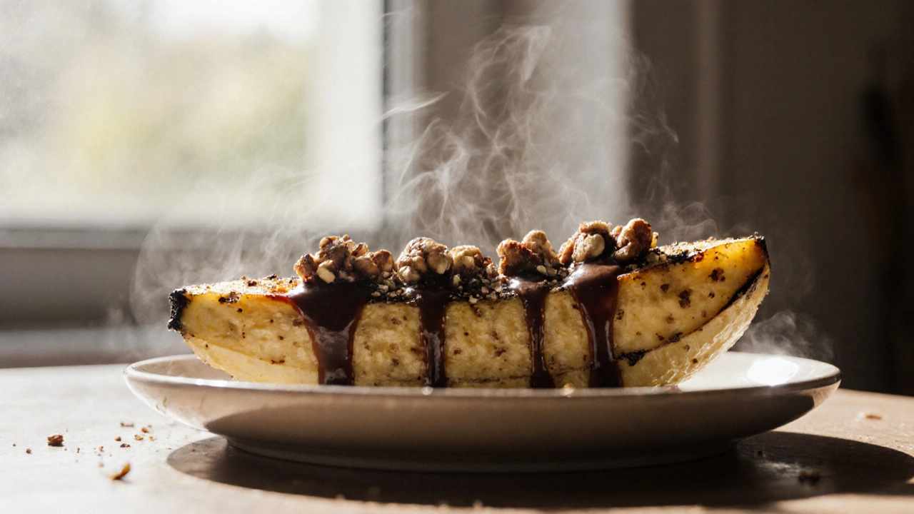 Polovina grilovaného banánu s čokoládou a oříšky na talíři s párou.