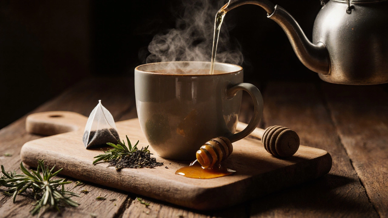 Příprava bylinného černého čaje s rozmarýnem, medem a horkou vodou.