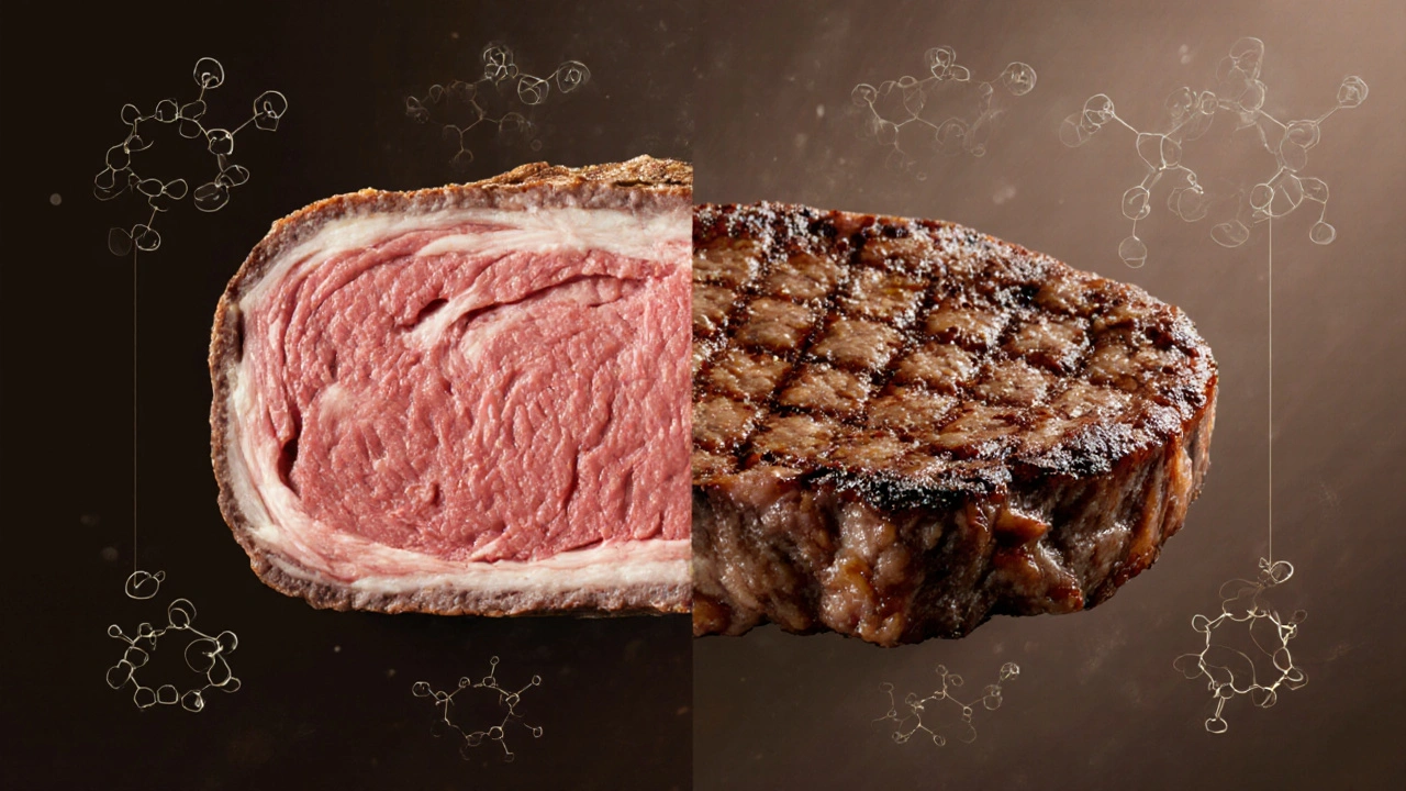 Průřez hovězího steaku ukazující rozdíl mezi šťavnatým a suchým masem.