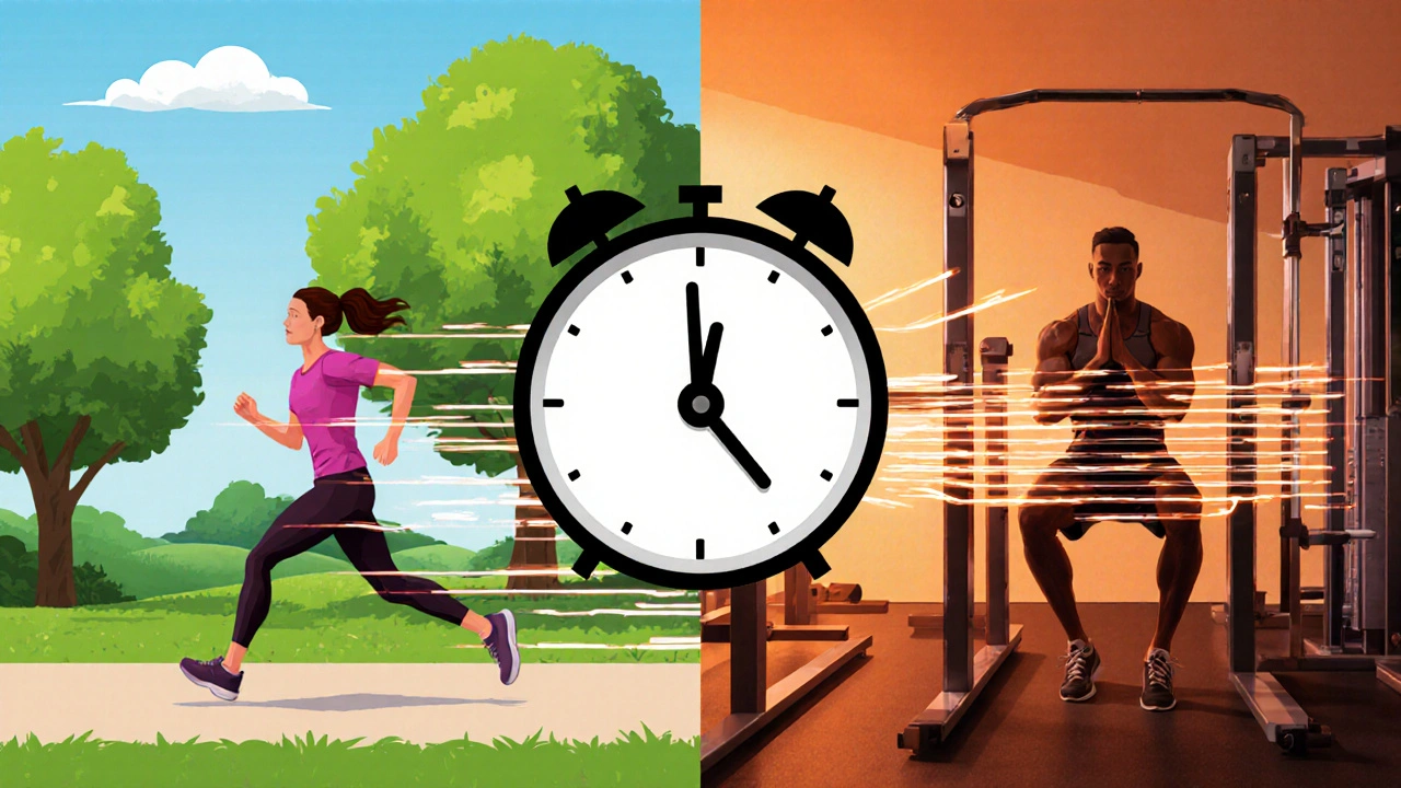 Rozdělený obraz ukazuje běh v parku a posilování v tělocvičně, s vizuálními efekty spalovaných kalorií.