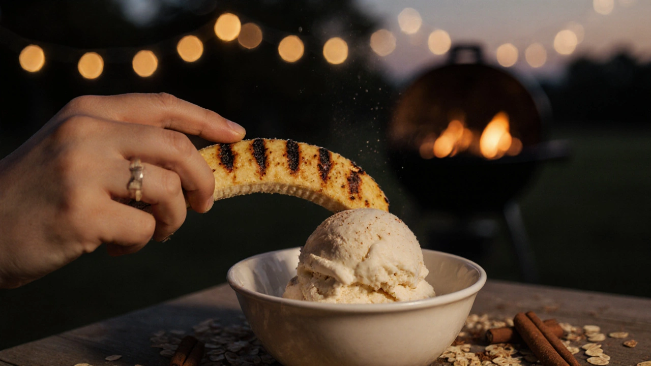 Rukou držený teplý banán položený na vanilkové zmrzlině s ovesnými vločkami.