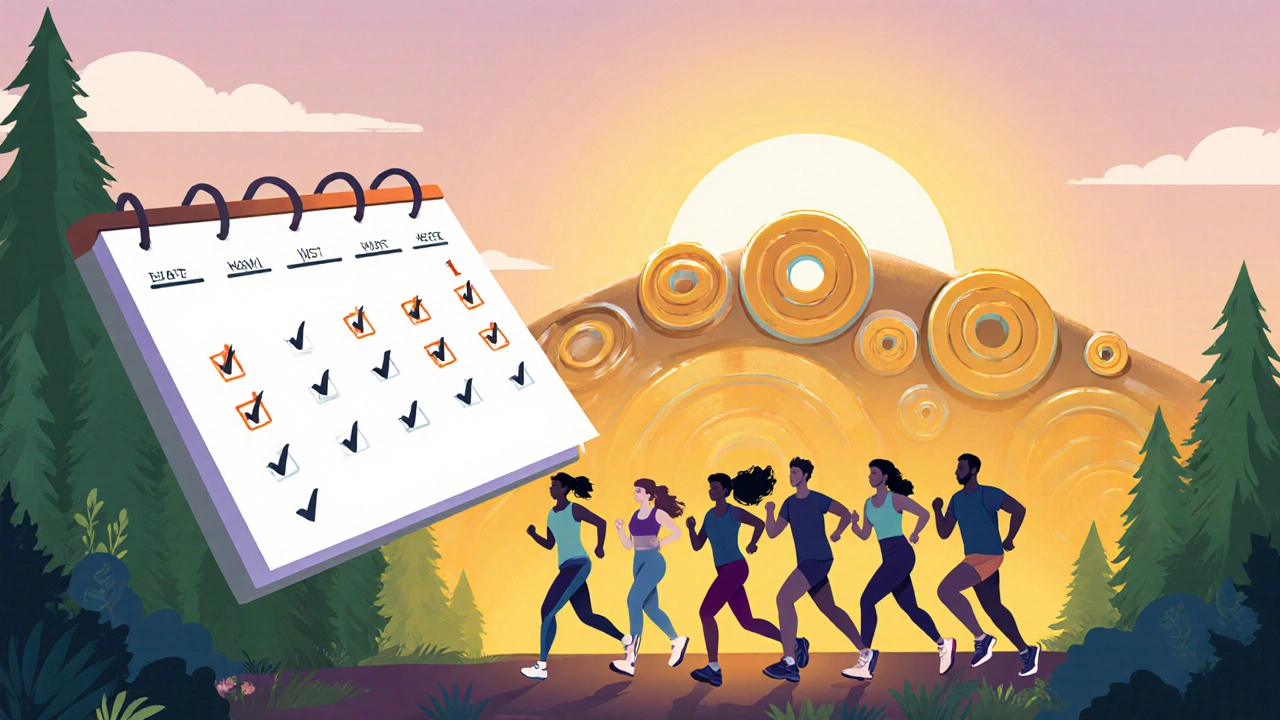 Skupina lidí cvičí venku pod východem slunce, s kalendářem a symboly pokroku.