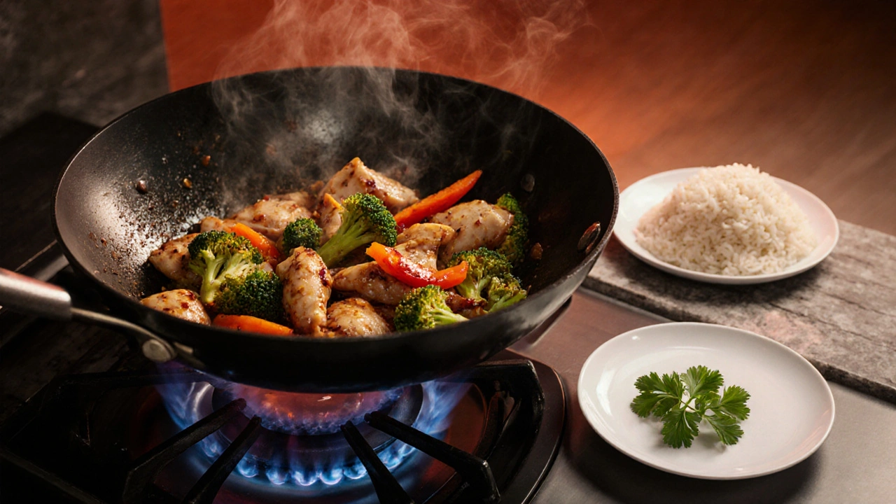 Střepý wok s kuřecím a zeleninovým stir-fry, vedle talíře s párou nadýchané jasmínové rýže.