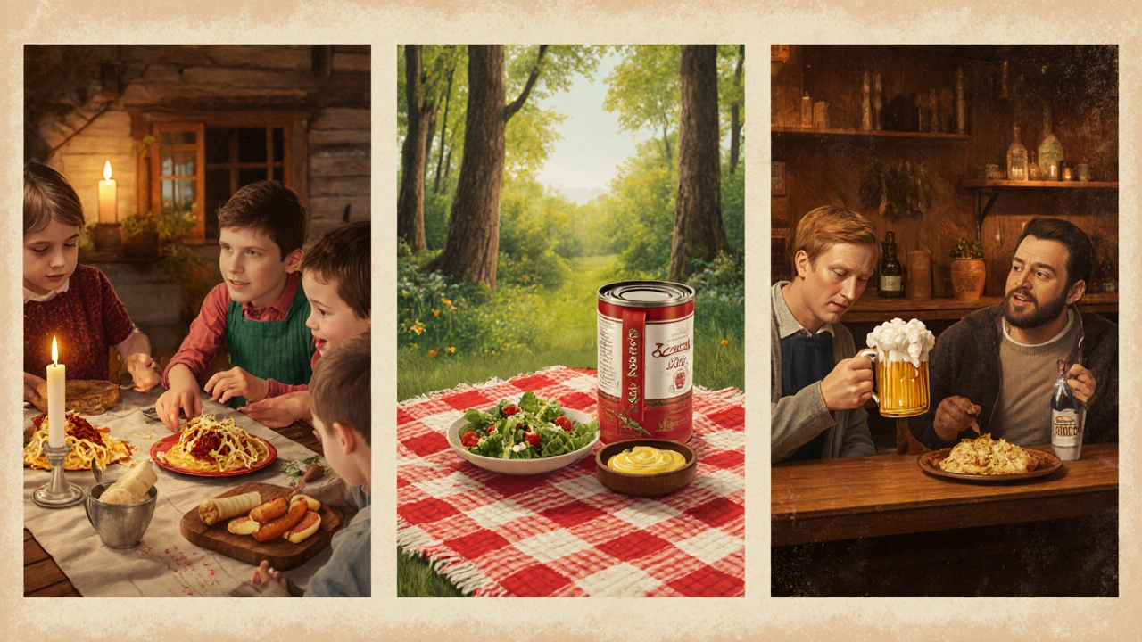 Tři scény: rodinná večeře, zahradní piknik a hospodský oběd s bramboráky a přílohami.