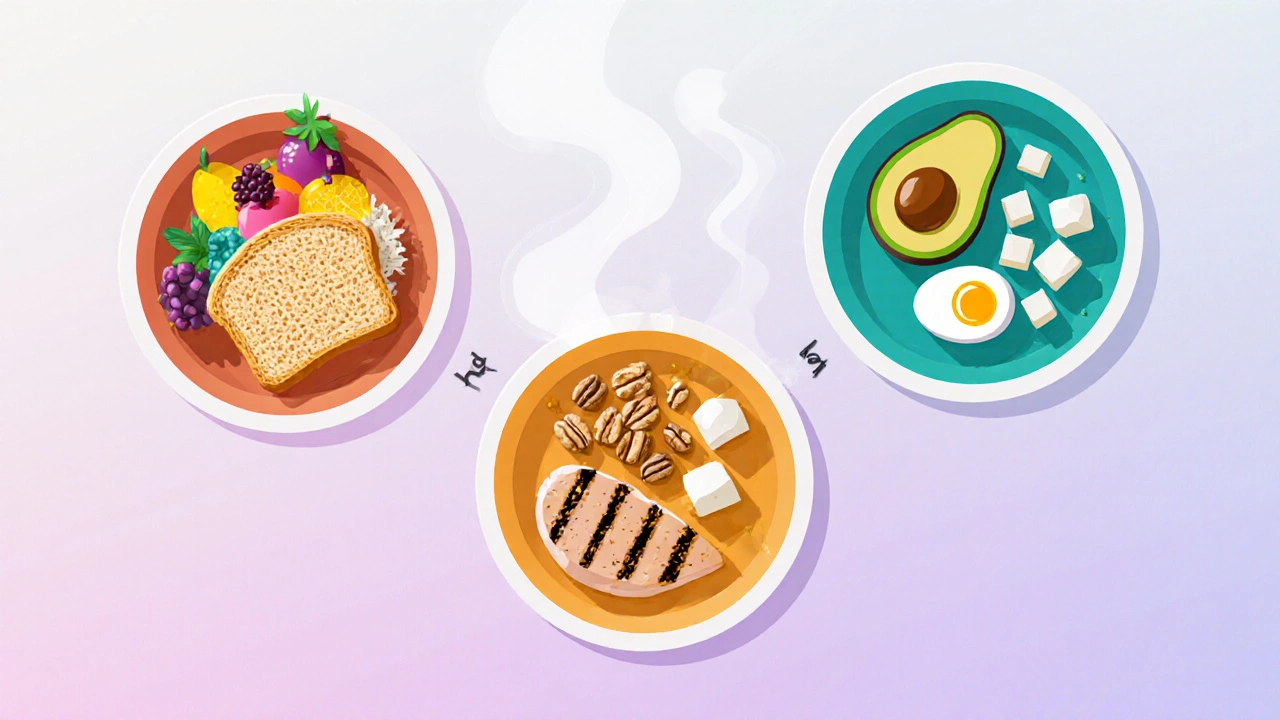 Tři talíře představují sacharidy, tuky a bílkoviny s typickými potravinami.