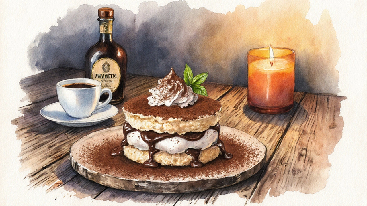 Vodoznaková ilustrace hotového tiramisu na dřevěném talíři s šálkem espressa.