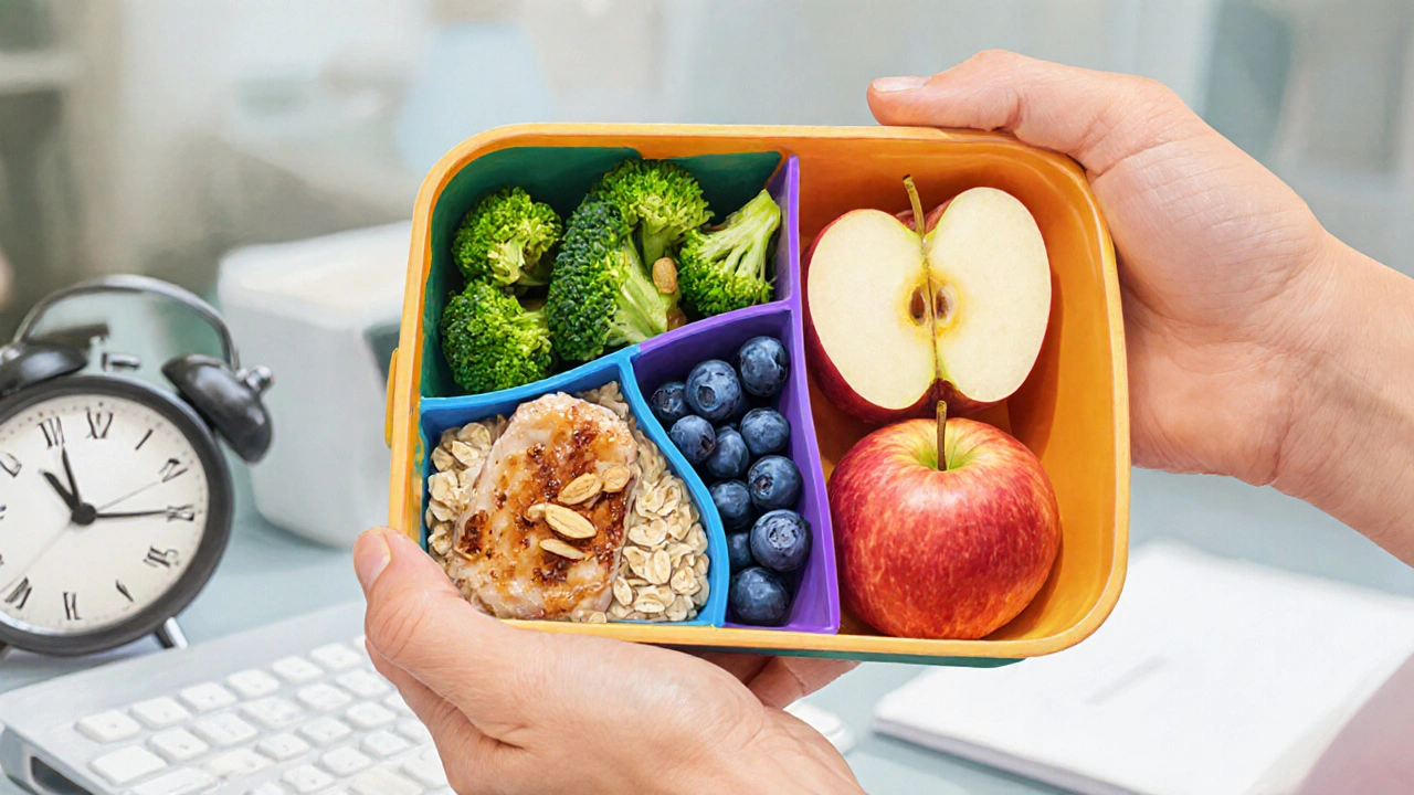 Bento krabice s kuřecím masem, brokolicí, ovesnými vločkami a borůvkami.