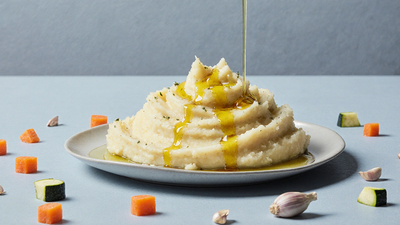Bramborová kaše s česnekovým olejem a vařenou zeleninou.