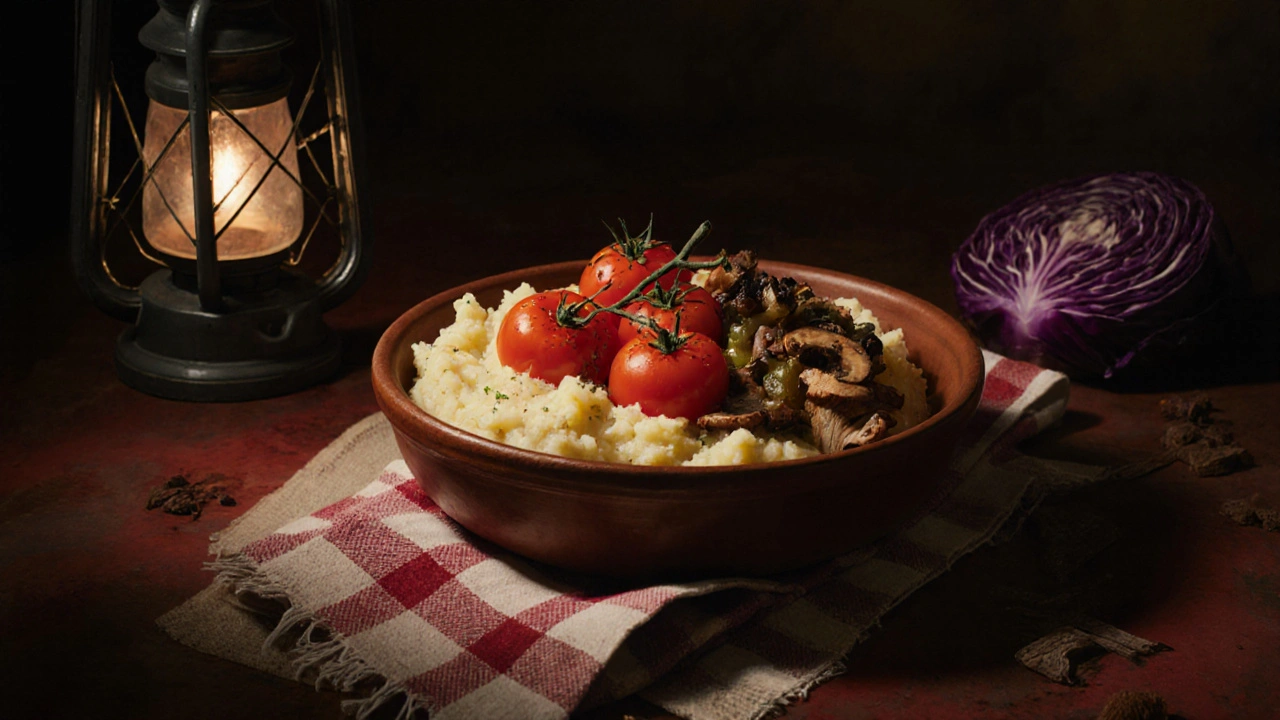 Bramborová kaše s pečenými rajčaty, cibulí a houbami v hliněné míse.