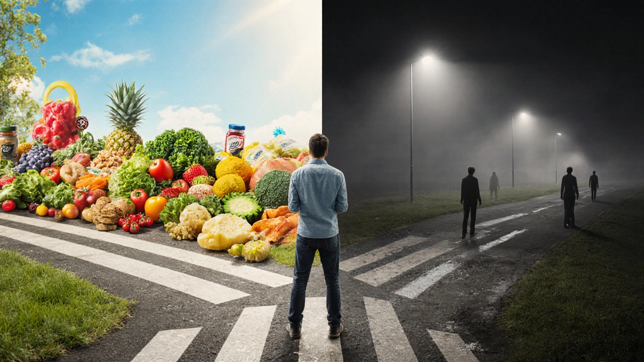 Člověk na křižovatce: jedna cesta k zdraví a energii, druhá k únavě a nezdravému jídlu.