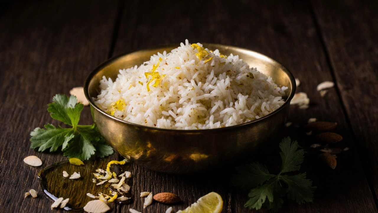 Dokonale uvařená basmati rýže s citronovou kůrou a koriandrem.