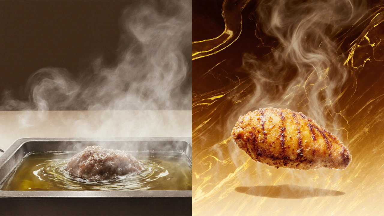 Dvě části kuchyně: na levé straně studený olej s mokrým jídlem, na pravé straně horký olej s křupavým kuřecím prsíčkem.