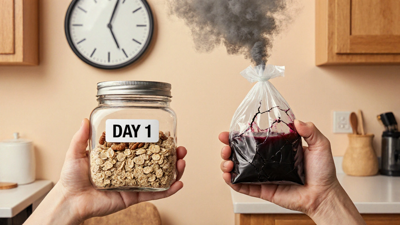 Dvě nádoby s přesnídávkou: čerstvá a zkažená, symbolizující bezpečné a nebezpečné uchování