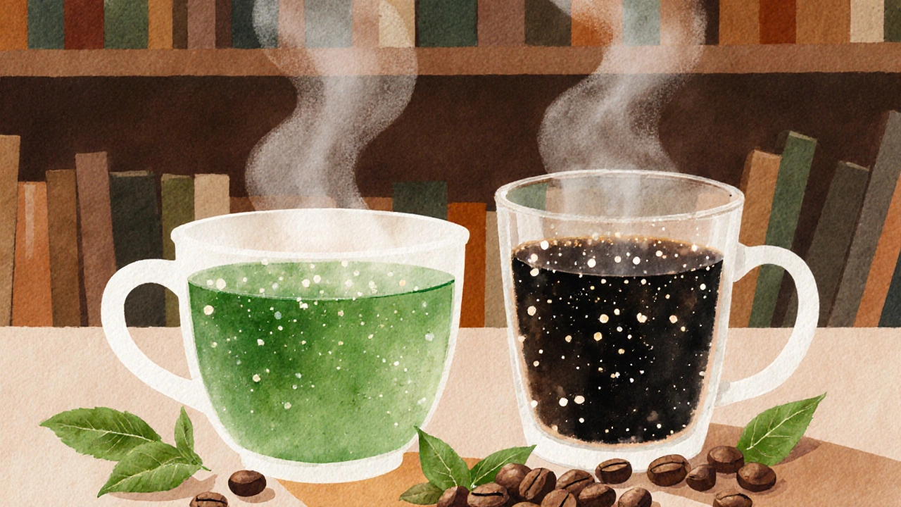Horký zelený čaj a černá káva bez cukru s přírodními složkami kolem.