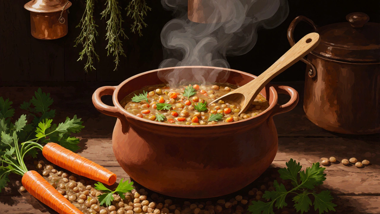 Hříbka čočková polévka s kořením a dřevěnou lžící