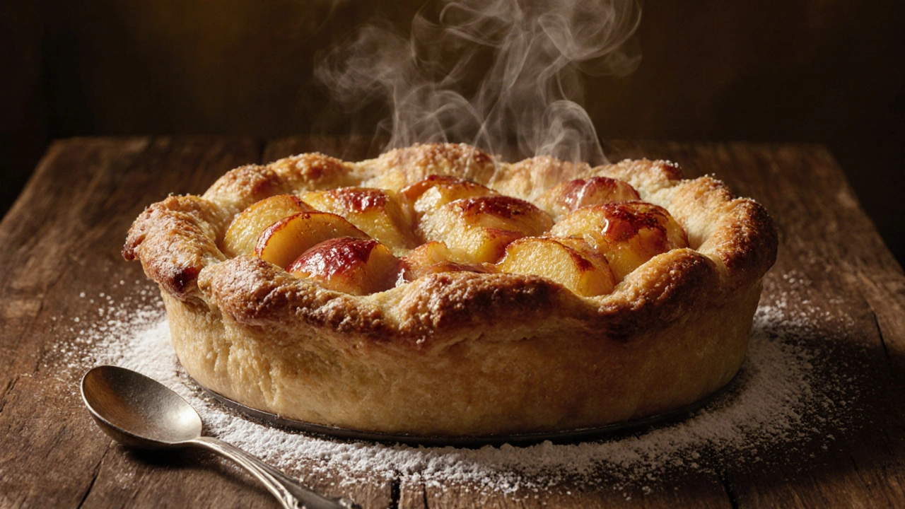 Klasický český jablkový koláč teprve vyjatý z trouby se zlatavou slupkou a měkkými jablky.