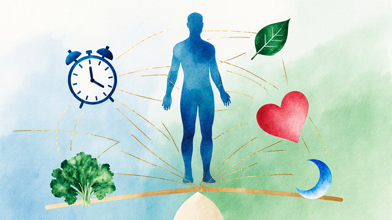 Koncepční obraz vyjadřující rovnováhu mezi pohybem, spánkem a stravou.