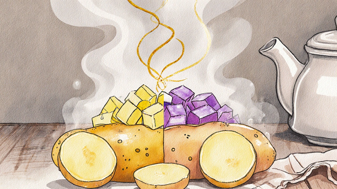 Křížový řez brambor v různých fázích vaření s viditelnými živinami.