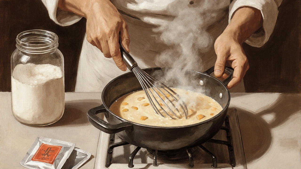 Kuchař přidává škrobovou pastu do teplé omáčky.