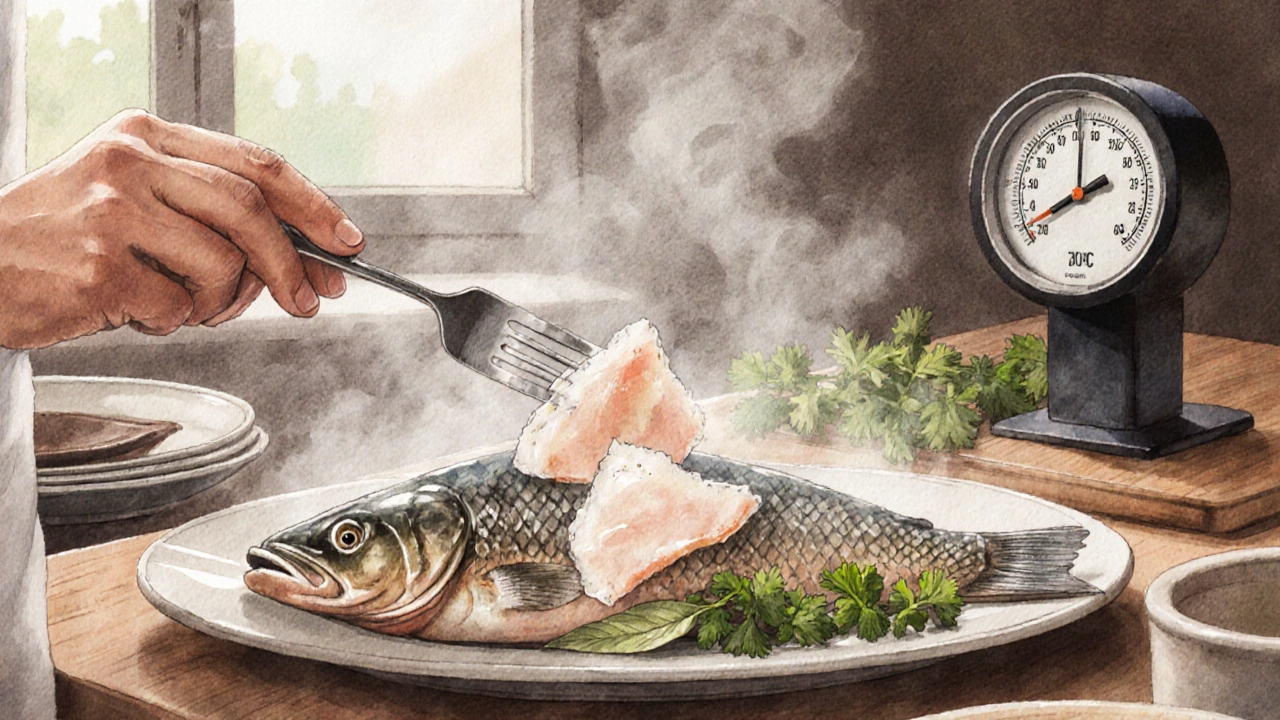 Kuchař zkouší chuť celé kapra v páře, maso se snadno odděluje.