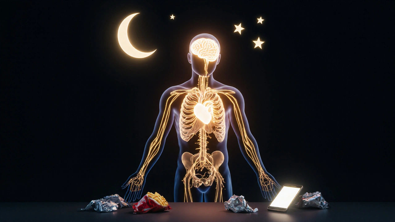 Lidská silueta s vnitřními světelnými cestami energie, zatímco špatné návyky v tmě vymizí.