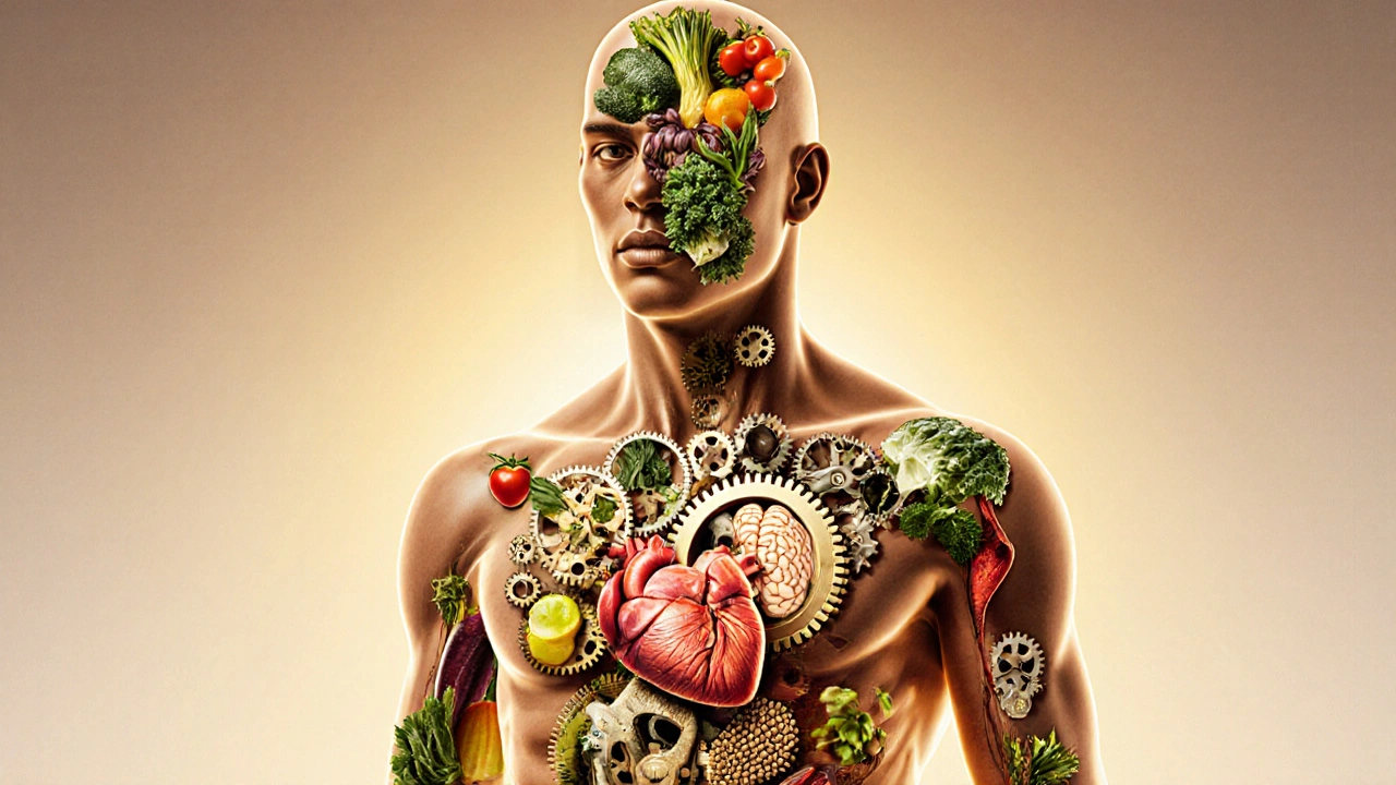 Lidské tělo jako hodinky napájené potravinami, které pohánějí srdce a mozek.