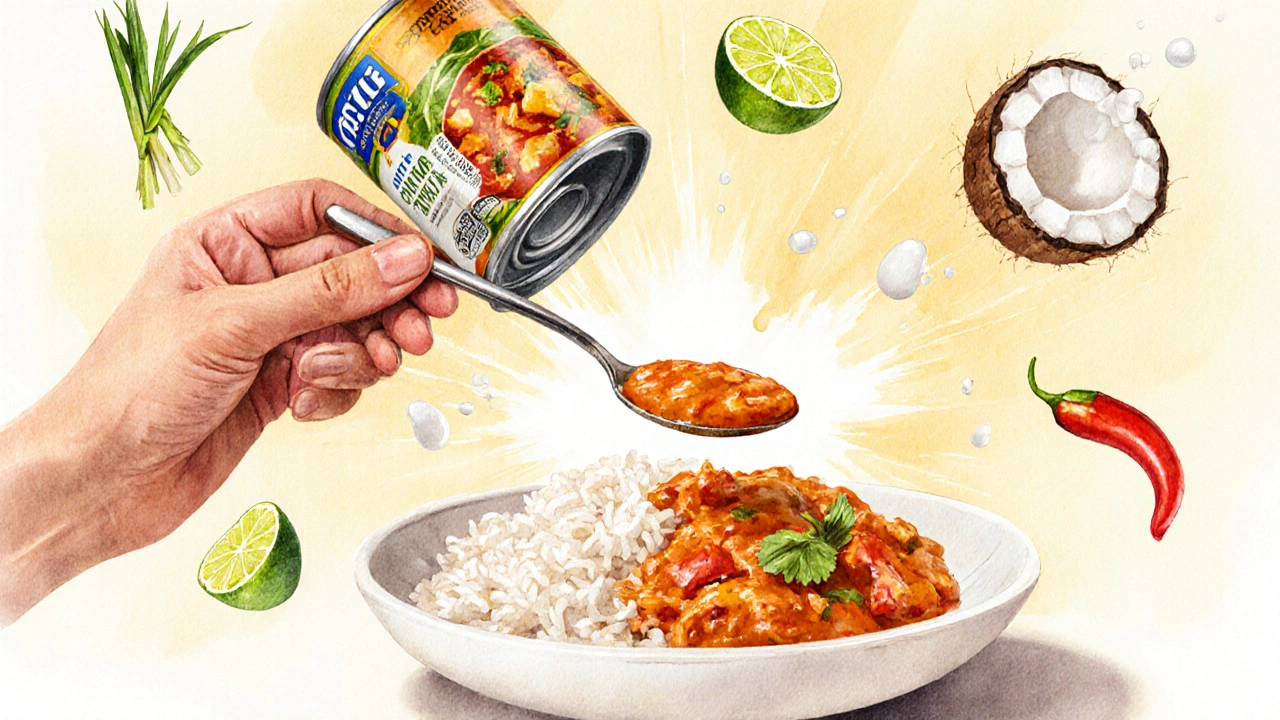 Lžíce thajského karame s rýží a kouzelnými prvky jako citronová tráva a chilli.