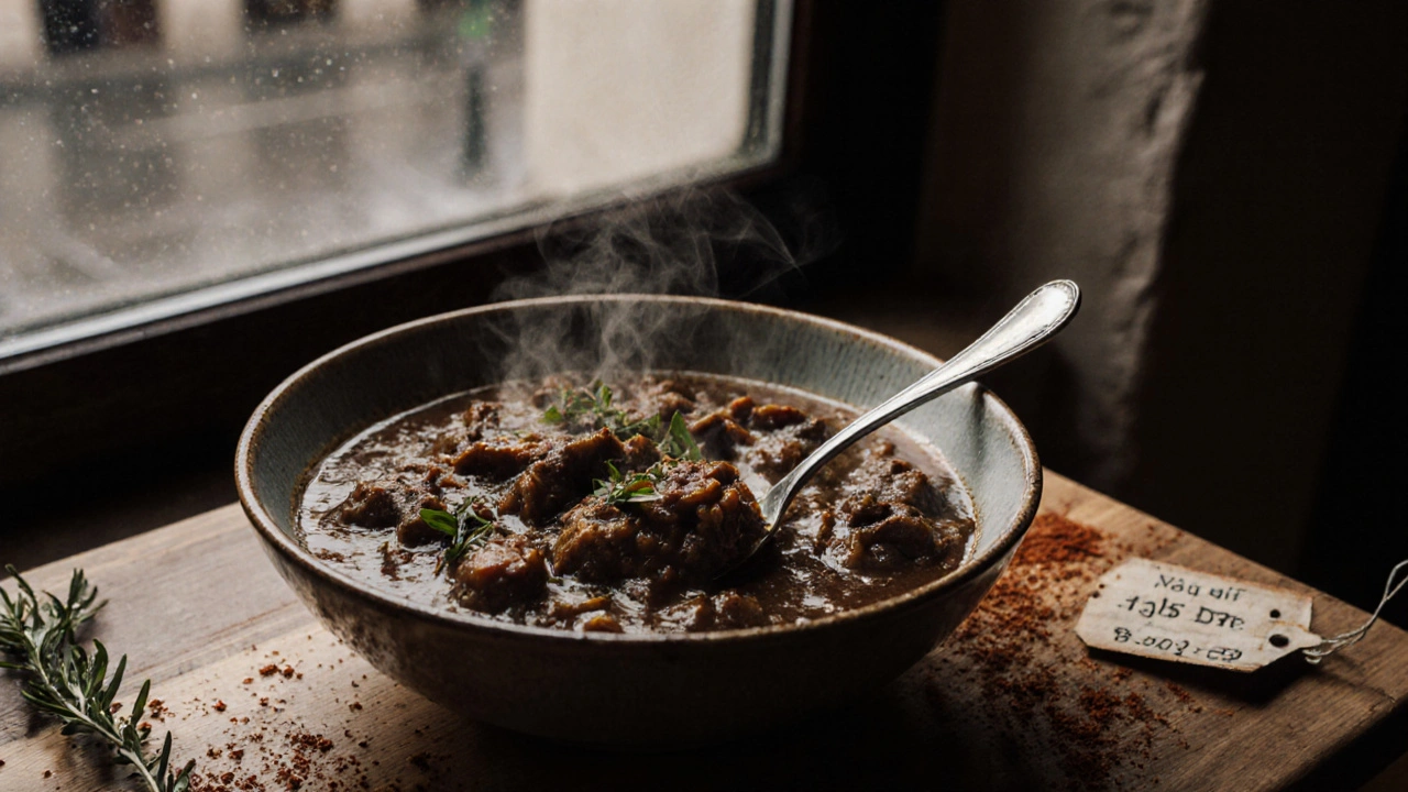 Lžíce v goulashi s olivovým olejem a bylinkami, zaostřeno na chuť a tradici.