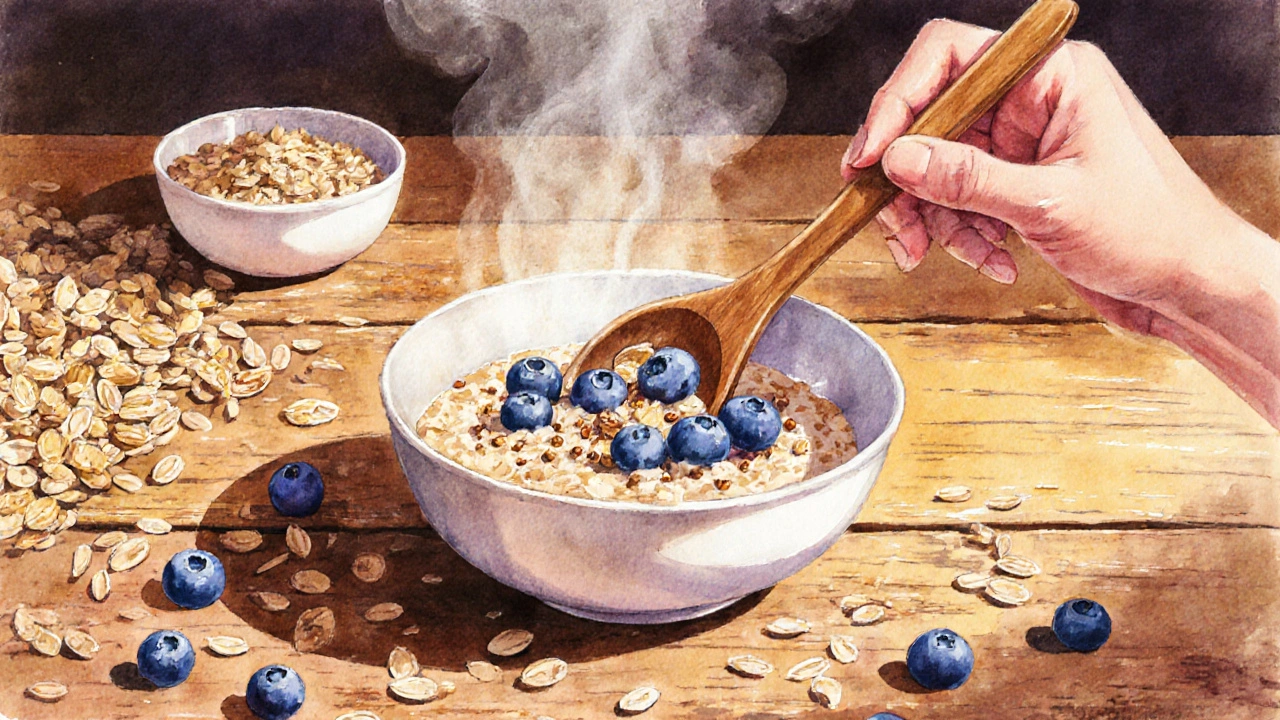 Mísa ovesných vloček s borůvkami a lněnými semínky na dřevěném stole.