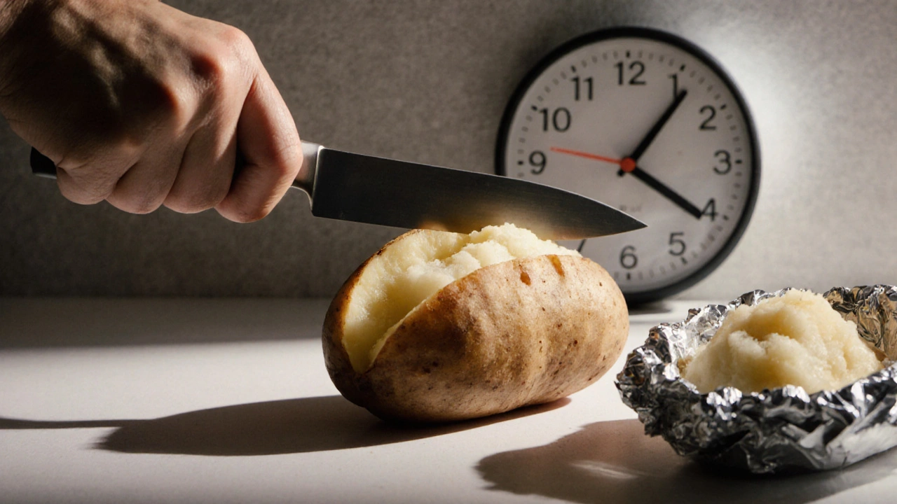 Nůž pronikající měkkou bramborou, na pozadí časovač ukazující 75 minut