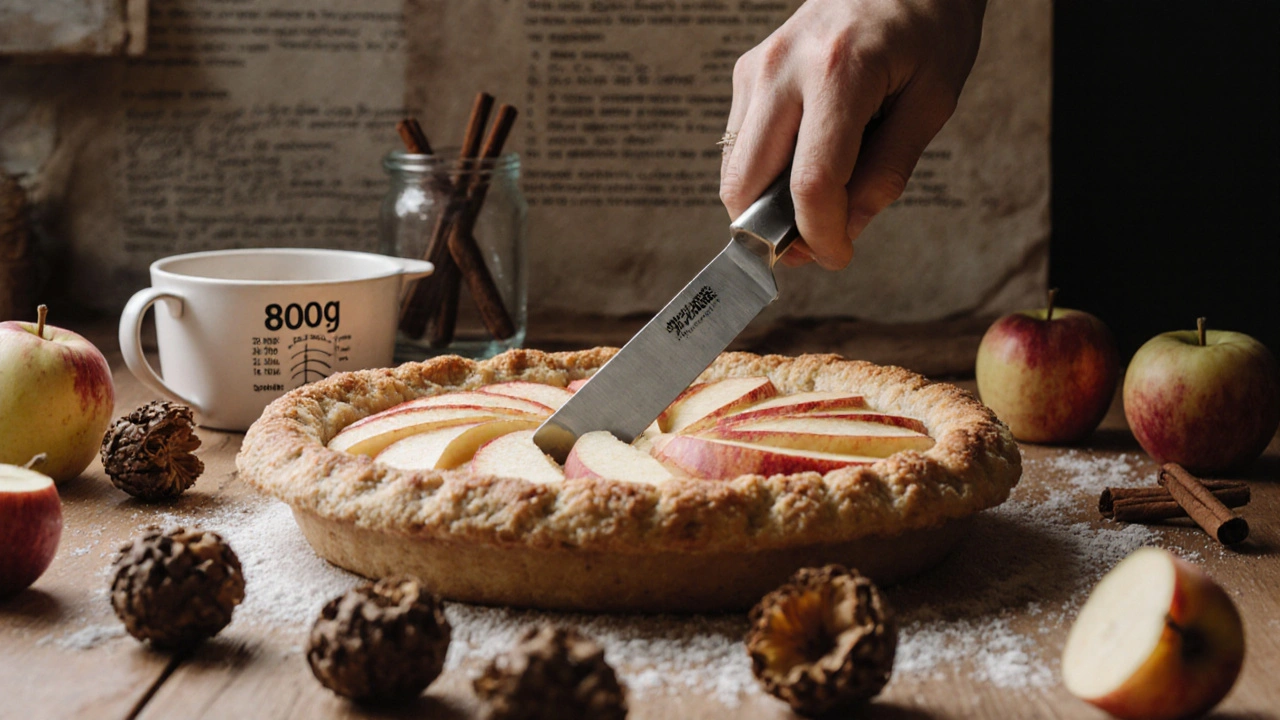 Nůž vystupující z jablkového koláče bez šťávy, symbolizující dokonalou konzistenci.