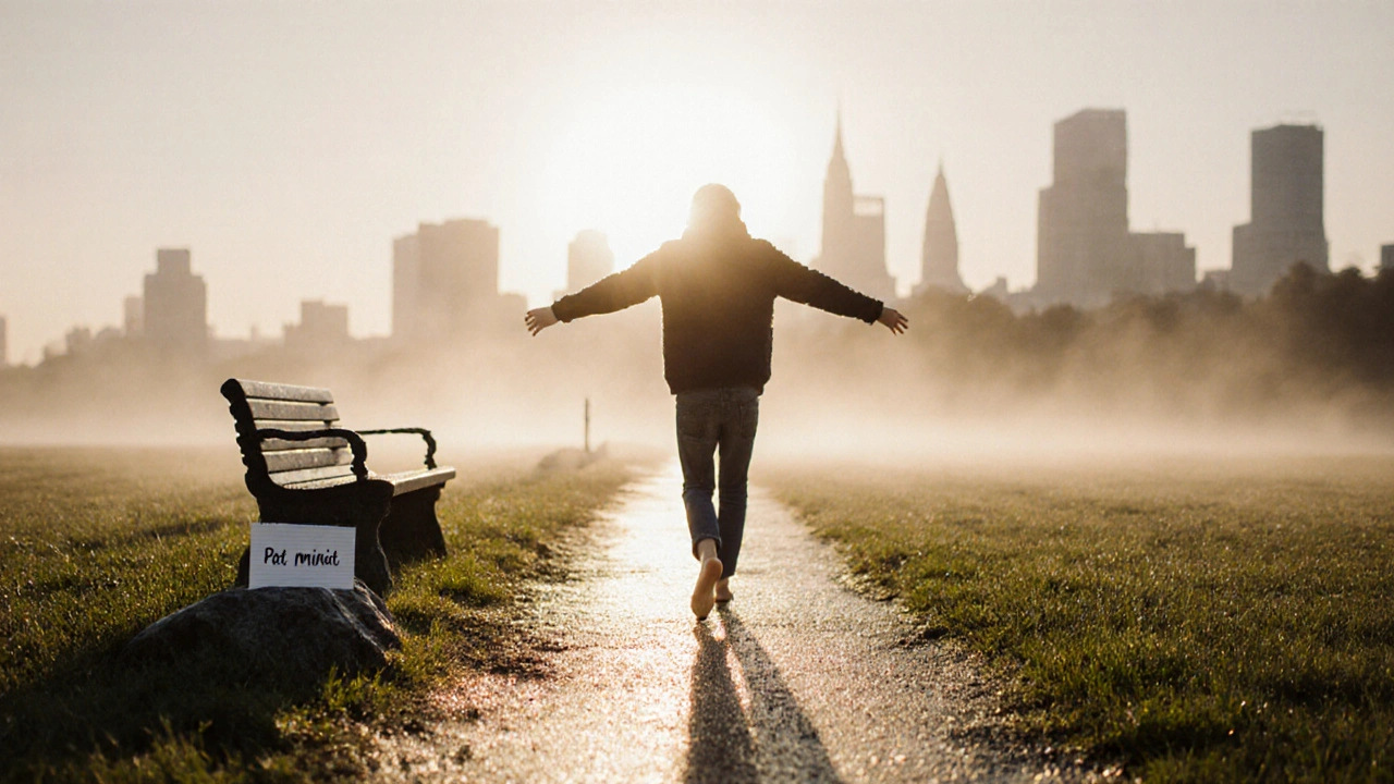 Osoba chodí bosá po trávě na východě slunce, oči zavřené, město za ní rozmazané.